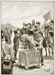 Rainha Vitória na primeira apresentação da Victoria Cross, ilustração de Cassells Illustrated History of England (foto em sépia)