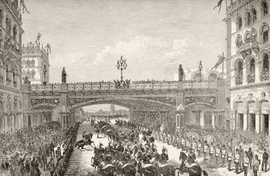 A rainha Vitória a inaugurar o Viaduto de Holborn em 1869, de «The National and Domestic History of England», de William Hickman Smith Aubrey (1858-1916), publicado em Londres, c. 1890