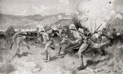 O Regimento Real de West Surrey da Rainha liderando o ataque central durante a Batalha de Colenso, Natal, África do Sul, de "South Africa and the Transvaal War", de Louis Creswicke, publicado em 1900 (litografia)