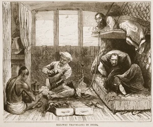 Estrada de ferro viajando na Índia, ilustração de história ilustrada de Cassells da Inglaterra