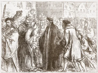 Recepção de John Huss em Nuremberg, ilustração da história do protestantismo por James Aitken Wylie (1808-1890), pub. 1878