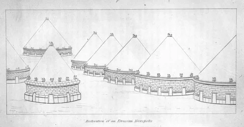 Reconstrução de túmulos etruscos em Tarquinia
