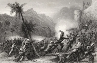 Repelindo uma surtida antes de Delhi, de "A História do Motim Indiano", publicado em 1858