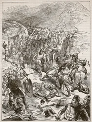 Repulsa dos ingleses em Corwen, ilustração de Cassells Illustrated History of England (foto em sépia)
