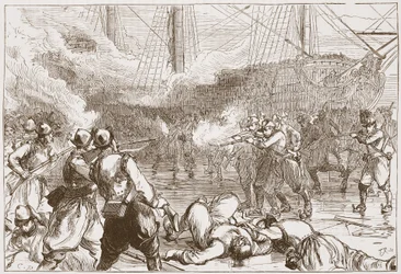 Repulsa dos soldados espanhóis em Amsterdã, ilustração da história do protestantismo por James Aitken Wylie (1808-1890), bar. 1878