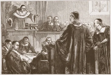 Richard Baxter antes do juiz Jeffreys, ilustração da História do Protestantismo por James Aitken Wylie (1808-1890), pub. 1878