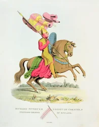Richard Fitzhugh, condestável de Chester e Standard-Bearer da Inglaterra, 1141, da Ancient Armor por Samuel Rush Meyrick, 1824