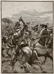 Richard III na Batalha de Bosworth, ilustração da história ilustrada de Cassells da Inglaterra (foto sépia)