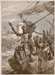 Richard desembarque em Jaffa, ilustração da história ilustrada de Cassells da Inglaterra (foto sépia)
