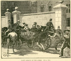 Robert Pates que golpeia a rainha fora da casa de Cambridge, ilustração tomada da vida e das épocas da rainha Victoria, vol. II por Robert Wilson, 1888