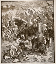 Robert pedindo o perdão de seus pais, ilustração da história ilustrada de Cassells da Inglaterra (foto sépia)