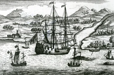 Robinson Crusoe, escapando do Camboja, entra em um porto na parte norte da China