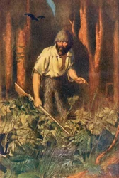 Robinson Crusoe sozinho na ilha, ilustração de &39;Robinson Crusoe&39; por Daniel Defoe, publicado em c.1911 (cor lito)