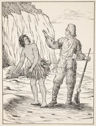 Robinson Crusoe e sexta-feira, ilustração da história de Robinson Crusoe: Uma adaptação para crianças seguindo a linguagem Defoes, pub. por Griffith Farran Browne & Co. Limited, Londres