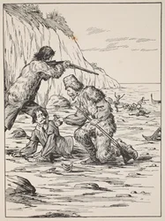 Robinson Crusoe e sexta resgatando o espanhol, ilustração da história de Robinson Crusoé: Uma adaptação para crianças seguindo a linguagem Defoes, pub. de Griffith Farran Browne & Co. Limited, Lo