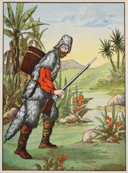 Robinson Crusoe, ilustração da história de Robinson Crusoé: Uma adaptação para crianças seguindo a linguagem Defoes, pub. por Griffith Farran Browne & Co. Limited, Londres