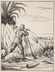 Robinson Crusoe, ilustração da história de Robinson Crusoé: Uma adaptação para crianças seguindo a linguagem Defoes, pub. por Griffith Farran Browne & Co. Limited, Londres