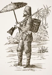 Robinson Crusoe, ilustração da história de Robinson Crusoé: Uma adaptação para crianças seguindo a linguagem Defoes, pub. por Griffith Farran Browne & Co. Limited, Londres