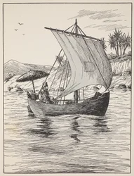 Robinson Crusoe em seu barco, ilustração da história de Robinson Crusoé: Uma adaptação para crianças seguindo a linguagem Defoes, pub. por Griffith Farran Browne & Co. Limited, Londres