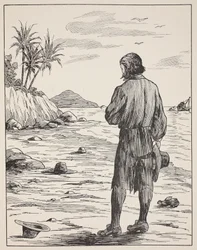 Robinson Crusoe em sua ilha, ilustração da história de Robinson Crusoe: Uma adaptação para crianças seguindo a linguagem Defoes, pub. por Griffith Farran Browne & Co. Limited, Londres