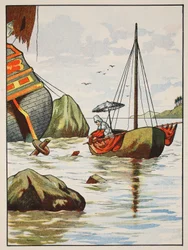 Robinson Crusoé resgatando um cachorro de um naufrágio espanhol, ilustração da história de Robinson Crusoé: Uma adaptação para crianças seguindo a linguagem Defoes, pub. de Griffith Farran Browne & Co. Limi