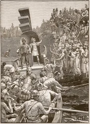 Soldados romanos deixando a Grã-Bretanha, ilustração da história ilustrada de Cassells da Inglaterra (foto sépia)