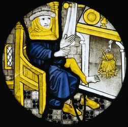 Cartela com a representação do mês de fevereiro, finais do século XV (vitral)