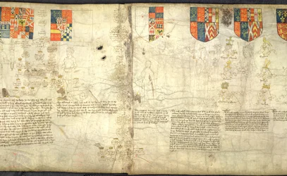 Rous Roll, f. 7cr: Da esquerda para a direita: Edward, Conde de Warwick (filho de George, Duque de Clarence); Margaret (filha de George, Duque de Clarence); Anne Neville (filha de Richard Neville e esposa de Richard III); Richard III (vellum)