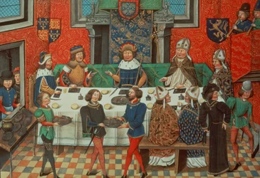 Roy 14 E IV f.244v, O duque de Lencastre janta com o rei de Portugal, do vol. III «Da coroação de Ricardo II até 1387», de Jean de Batard Wavrin