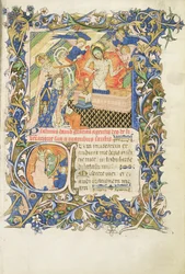 Roy 2 B I f.8 Figura coroada apoiada por um santo barbudo cinzento ajoelhado perante uma imagem de Piedade, do Saltério de Humphrey Duque de Gloucester, c.1420-30 (vellum)