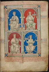 Royal 14 C. VII, f.9 Quatro Reis de Inglaterra: Henrique II, Ricardo I, João e Henrique III com a Abadia de Westminster, de 