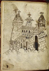 Royal 15 A. XVI Edifício românico com três torres (tinta sobre velino)