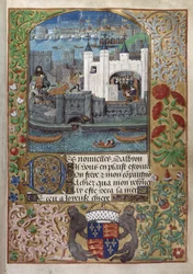 Royal 16 F. II, f.73 A Torre de Londres, com a Ponte de Londres atrás. Carlos, Duque de Orleães, viu escrito, parado à janela e a enviar uma carta para o pátio
