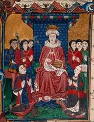 Real 18 D. II fol.6, Rei Eduardo IV cercado por cortesãos com Sir William Herbert e sua esposa, Anne Devereux vestindo roupas decoradas com seus brasões, ajoelhando-se diante dele (livro 1)