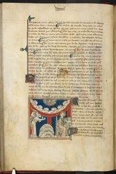 Royal 19 B.XV, f.17v Uma boca de leão e num arco invertido de nuvem seis cabeças representando os sete trovões: em baixo, à esquerda, o anjo, e à direita, João prestes a escrever no livro, de 