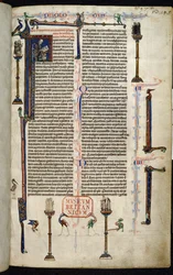 Real 1 D I, f.1r, Jerônimo, frades em colunas, da Bíblia de Guilherme de Devon (vellum)