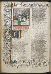 Royal MS 18 D II, f.66v, Miniatura de Heitor matando Pátroclo, com uma inicial iluminada 