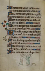 Royal ms 2_B VII f.177v Cena bas-de-página de duas mulheres portadoras de falcões, e um pequeno cão à sua frente, com uma inicial habitada, ilustração da 