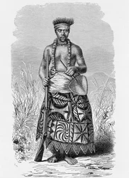 Guerreiro samoano em roupas de tapa, de &39;The History of Mankind&39;, Vol. 1, do Prof. Friedrich Ratzel, 1896