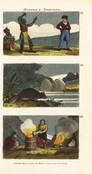 Samuel Hearne observando um nativo americano 58, castor norte-americano, Castor canadensis 59 e índios fervendo água em um barril de madeira com pedras quentes 60