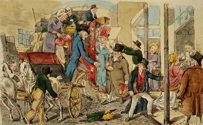 Cena em estaleiro, A Chegada de um Treinador, c.1820 (caneta e tinta e aguarela sobre papel)