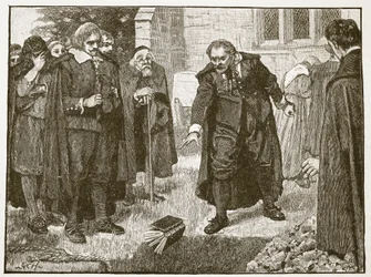 Cena no funeral de Chillingworth, ilustração de História ilustrada de Cassells da Inglaterra (foto sépia)