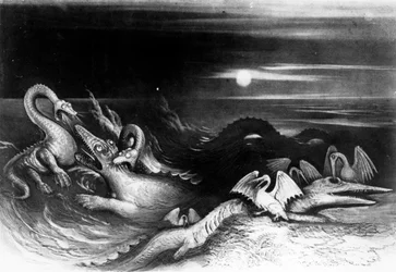 Luta dos Monstros Marinhos, de "Os Grandes Dragões do Mar", de Thomas Hawkins, 1840 (foto bw)