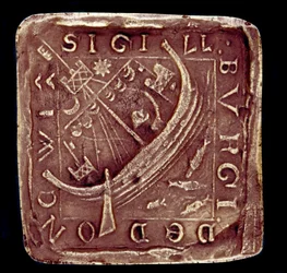 Selo da cidade de Dunwich, no Suffolk. Está representado um navio num mar revolto, provavelmente em alusão às tempestades que destruíram parte da cidade em 1286 e 1347. Século XIV. Paris, Arquivo Nacional