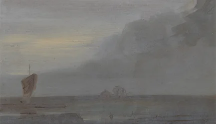 Seapiece with Boats: Evening, anteriormente atribuída a JMW Turner (1775-1851) e também atribuída a Peter de Wint (1784-1849), 1810-20 (óleo sobre papel)