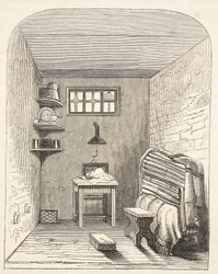 Separe a cela na parte velha da prisão em Brixton, ilustração das prisões criminosas de Londres e cenas da vida da prisão por Henry Mayhew e por John Binny, bar. 1862