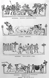Setembro, outubro, novembro e dezembro, de "O calendário de Julius e Hymnal", ilustração de "História do povo inglês"