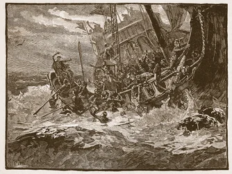 Naufrágio do Príncipe William, ilustração da história ilustrada de Cassells da Inglaterra (foto sépia)