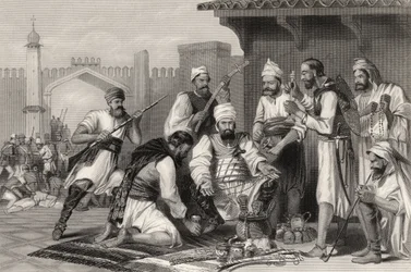 Tropas sikhs dividindo o espólio retirado dos amotinados, de "A História do Motim Indiano", publicado em 1858