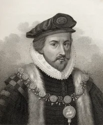 Sir Christopher Hatton, gravado por Bocquet, ilustração de "Um catálogo de autores reais e nobres, Volume II", publicado em 1806